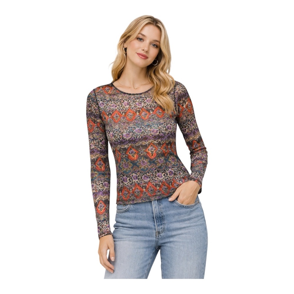 Natural Life Sloane Mesh Long Sleeve Top Enchanted Blooms Boho Fitted Mesh SZ M